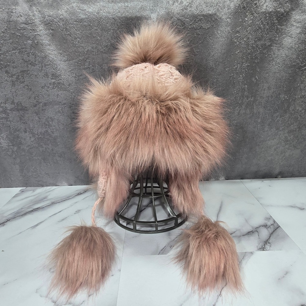 Whimsy Pink Faux Fur Trapper Hat Womens One Size Knit Pom Pom Ear Flap Beanie